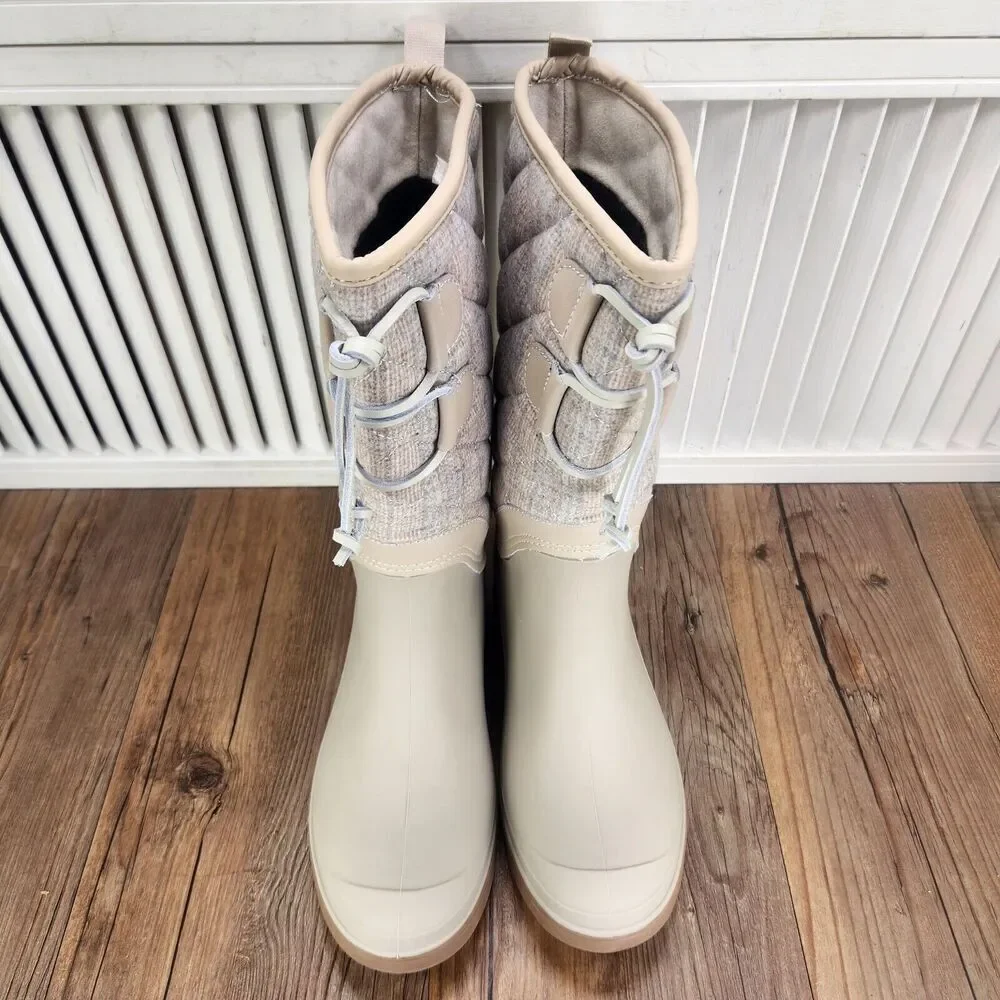 Kamik Abigail Oat Womens Size 6 Beige Plaid Quilted Rubber Waterproof Rain Boots